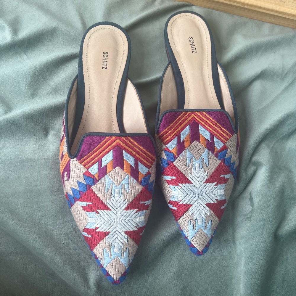 Schutz Floral embroidered mules with navy detailing